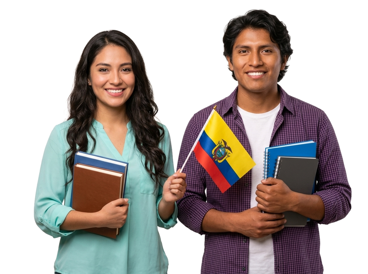 Estudiantes sonrientes con banderas de Ecuador y material didáctico del Bachillerato AQUILA